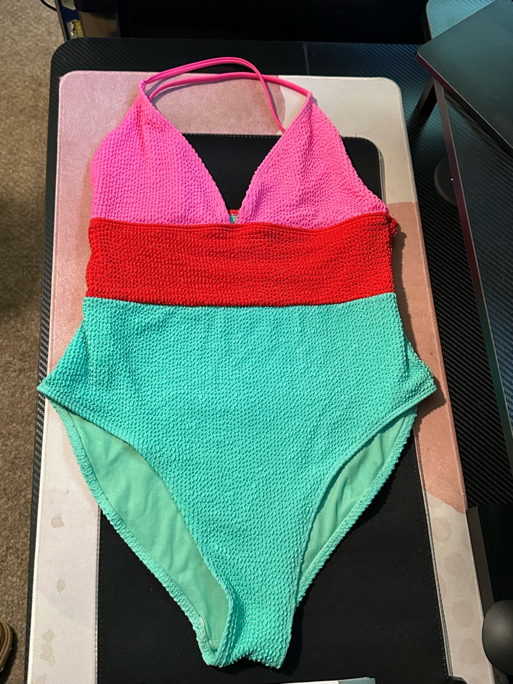 Pink Lily Colorblock Crinkle One Piece Swimsuit Pink Red Aqua Size Medium